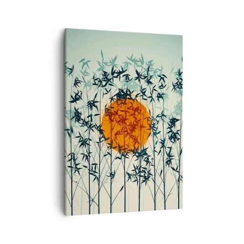 Obraz na płótnie - Sylwetki bambusów na tle zachodzącego pomarańczowego słońca - 50x70cm - Japońskie słońce - Nowoczesna dekoracja ścienna do salonu, kuchni i sypialni ARTTOR