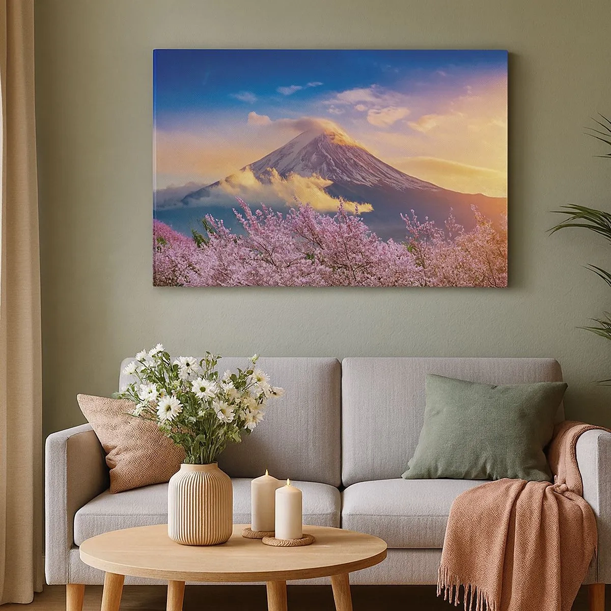Obraz na płótnie - Góra Fuji na tle kwitnących wiśni o zachodzie słońca - 70x50cm - Japońska świętość - Nowoczesna dekoracja ścienna do salonu i sypialni ARTTOR