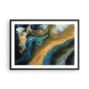 Plakat w czarnej ramie - Abstrakcyjne fale w odcieniach złota i niebieskiego - 70x50cm - Niebieski – zółty – wzajemne wpływy - Nowoczesna dekoracja ścienna do salonu i sypialni ARTTOR