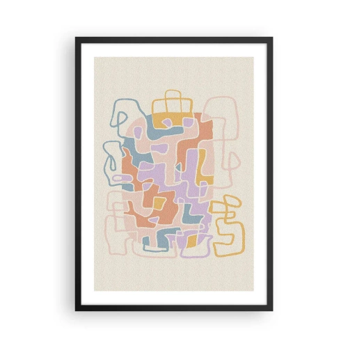 Plakat w czarnej ramie - Kolorowa abstrakcja z nieregularnymi liniami na jasnym tle - 50x70cm - Labirynt – radosna przygoda - Nowoczesna dekoracja ścienna do salonu i sypialni ARTTOR