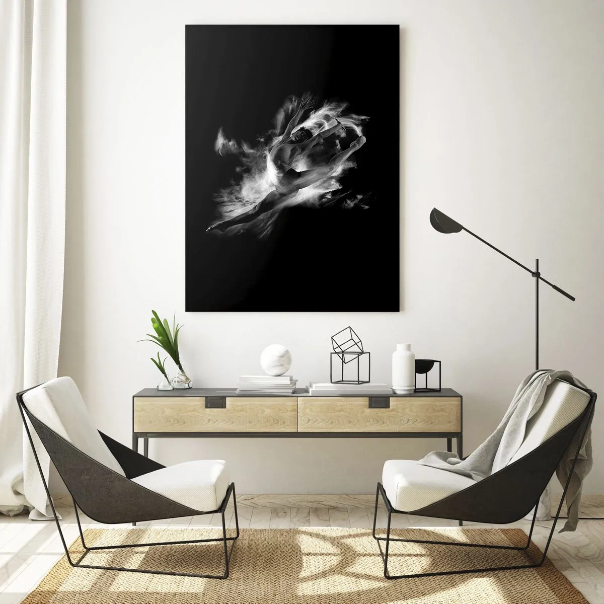 Obraz na szkle - Czarno-biała sylwetka tancerza w dynamicznym ruchu - 50x70cm - Zatrzymany w locie - Nowoczesna dekoracja ścienna do salonu, kuchni i sypialni ARTTOR