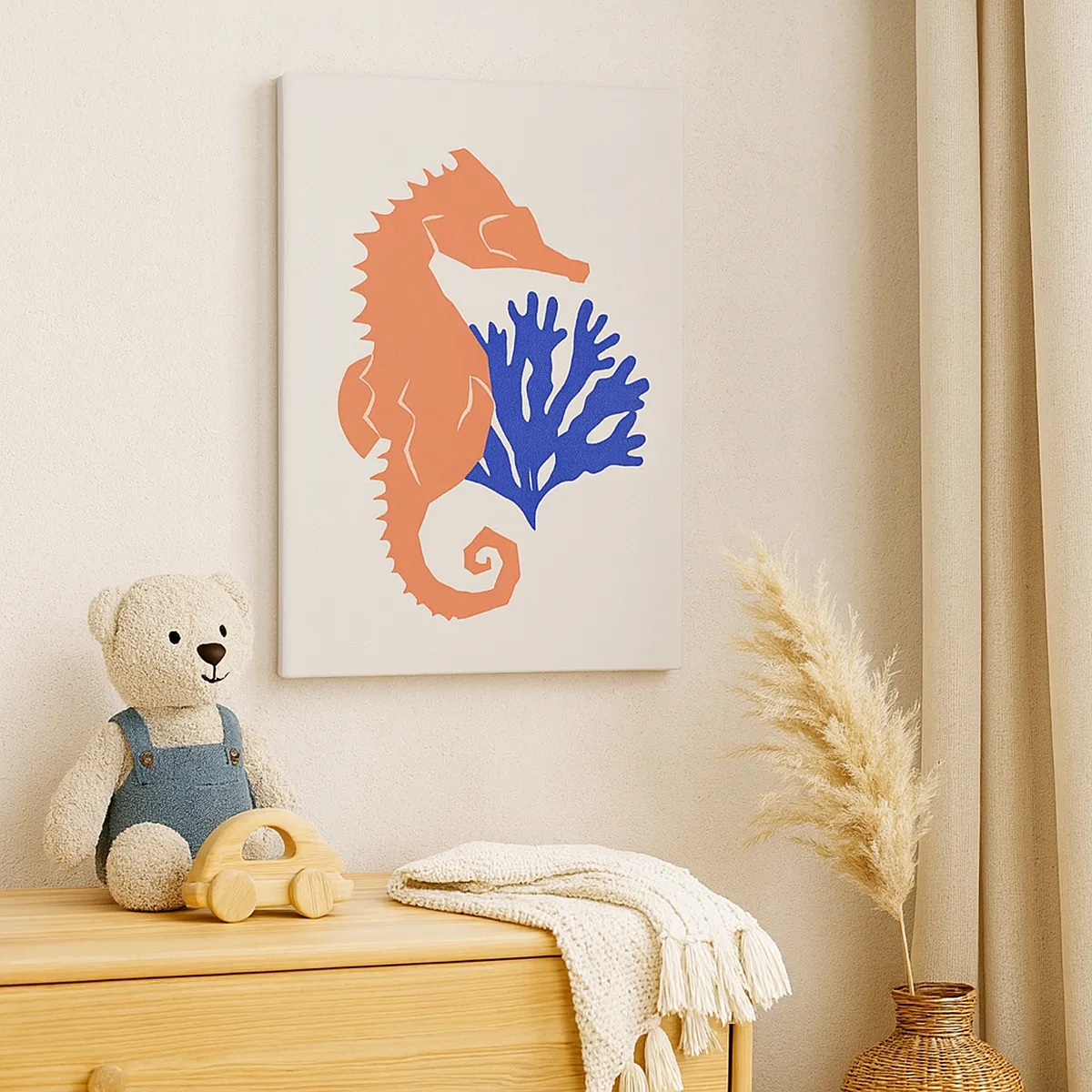 Obraz na płótnie - Minimalistyczna ilustracja konika morskiego z koralowcem na jasnym tle - 50x70cm - Na podwodnej łące - Nowoczesna dekoracja ścienna do salonu, kuchni i sypialni ARTTOR