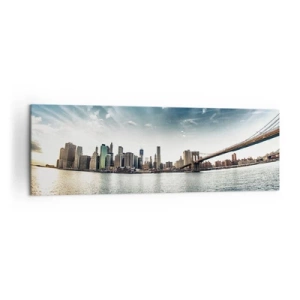 Obraz na płótnie - Panorama miasta z mostem na tle błękitnego nieba - 160x50cm - Szklana wyspa - Nowoczesna dekoracja ścienna do salonu i sypialni ARTTOR