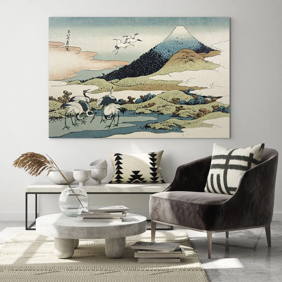 Obraz na szkle - Obraz przedstawiający ptaki w japońskim krajobrazie z widokiem na górę Fuji - 70x50cm - W japońskim duchu - Nowoczesna dekoracja ścienna do salonu i sypialni ARTTOR