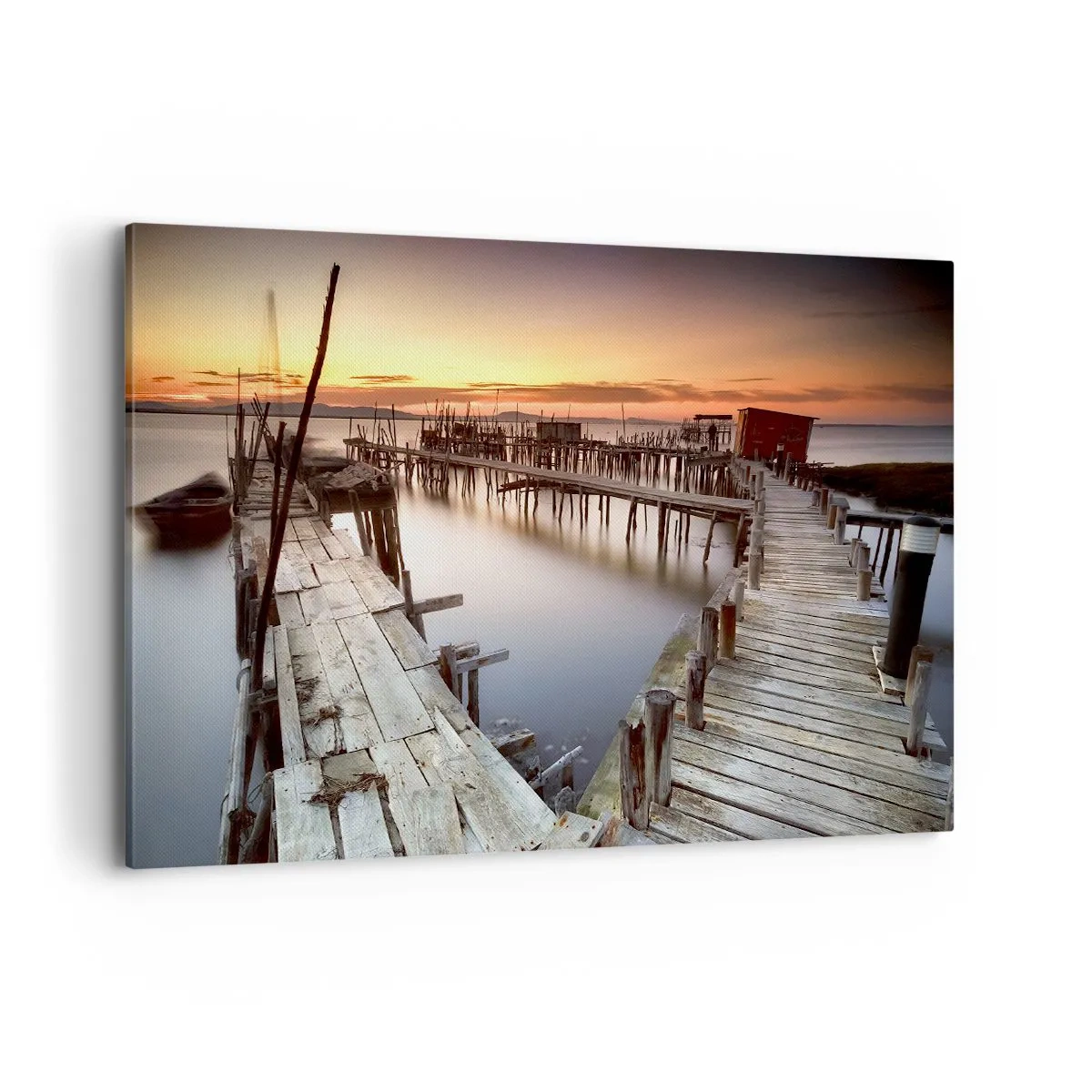 Obraz na płótnie - Drewniane pomosty na spokojnej wodzie o zachodzie słońca - 120x80cm - Autentyk, nie turystyczna atrapa - Nowoczesna dekoracja ścienna do salonu, kuchni i sypialni ARTTOR