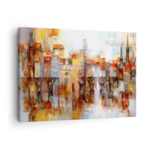 Obraz na płótnie - Malownicza panorama miasta z mostem w jesiennych barwach - 70x50cm - Pod mostem też pięknie - Nowoczesna dekoracja ścienna do salonu i sypialni ARTTOR
