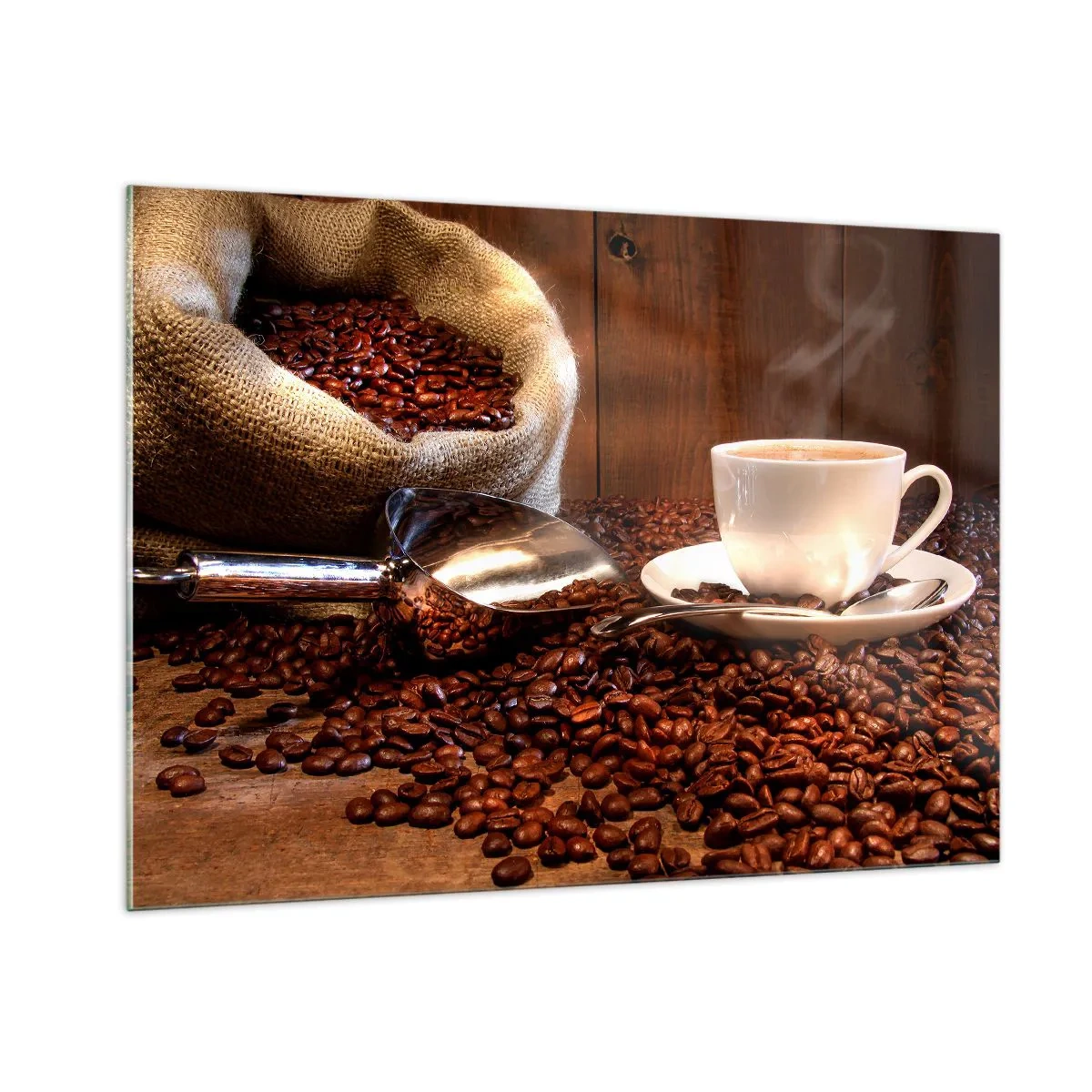 Obraz na szkle - Filiżanka kawy na tle ziaren i worka jutowego - 100x70cm - Czujesz ten zapach? - Nowoczesna dekoracja ścienna do salonu, kuchni i sypialni ARTTOR