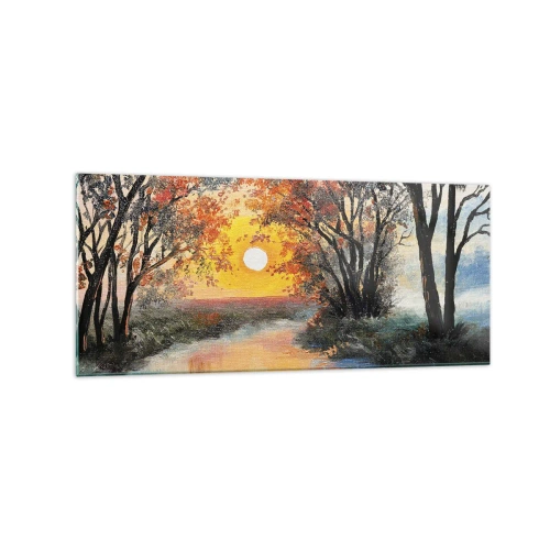 Obraz na szkle - Zachód słońca nad rzeką w jesiennym krajobrazie - 120x50cm - Jesienne klimaty - Nowoczesna dekoracja ścienna do salonu i sypialni ARTTOR