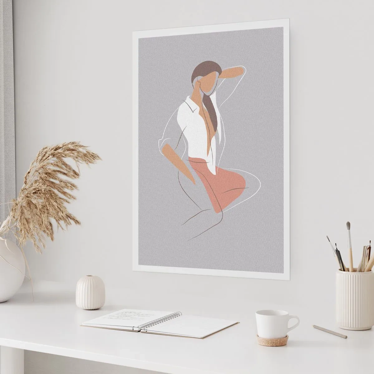 Plakat - Minimalistyczna sylwetka kobiety na szarym tle - 50x70cm - Zarys wdzięku - Nowoczesna dekoracja ścienna do salonu, kuchni i sypialni ARTTOR