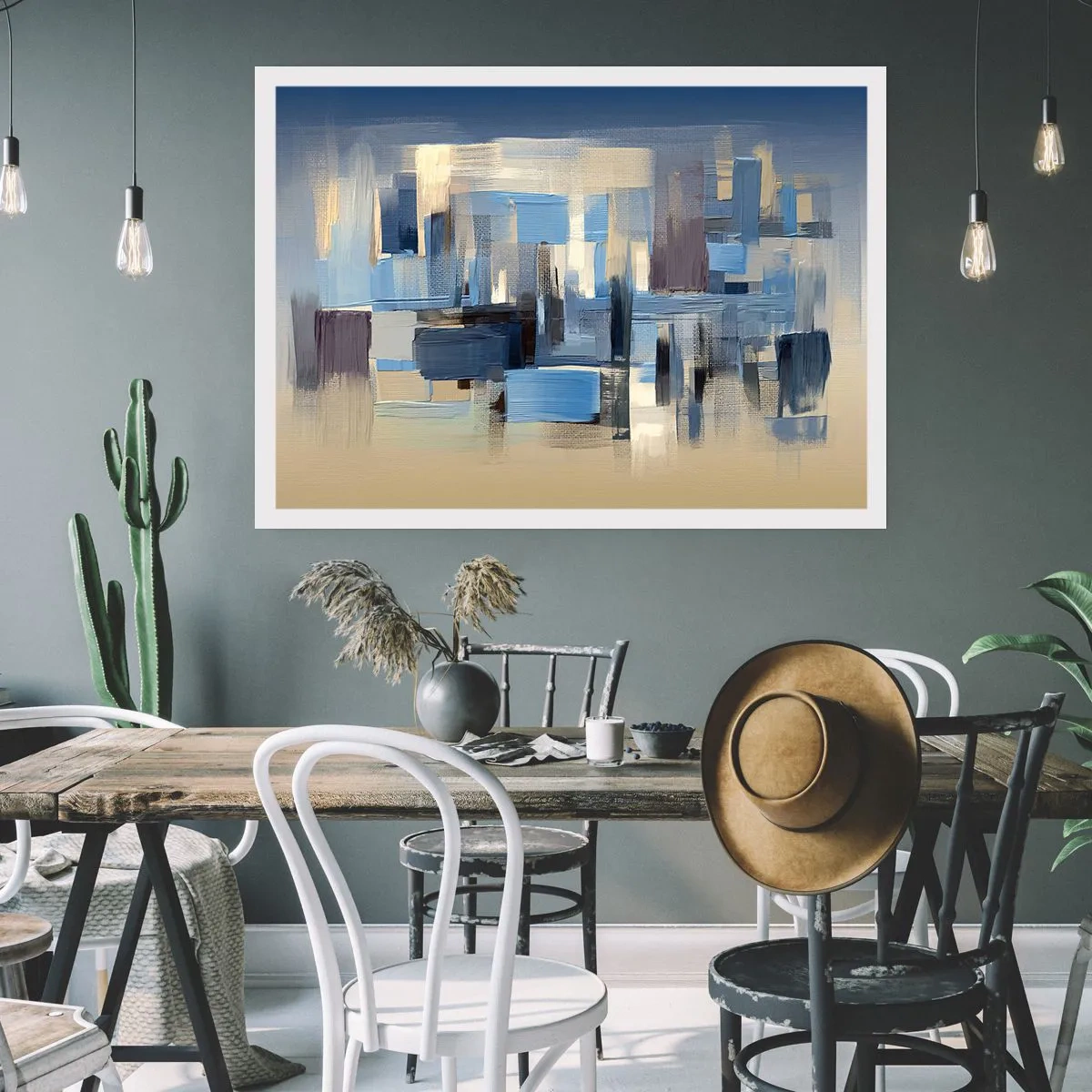 Plakat - Geometryczne formy w odcieniach błękitu i beżu - 100x70cm - Błękitna konstrukcja - Nowoczesna dekoracja ścienna do salonu i sypialni ARTTOR