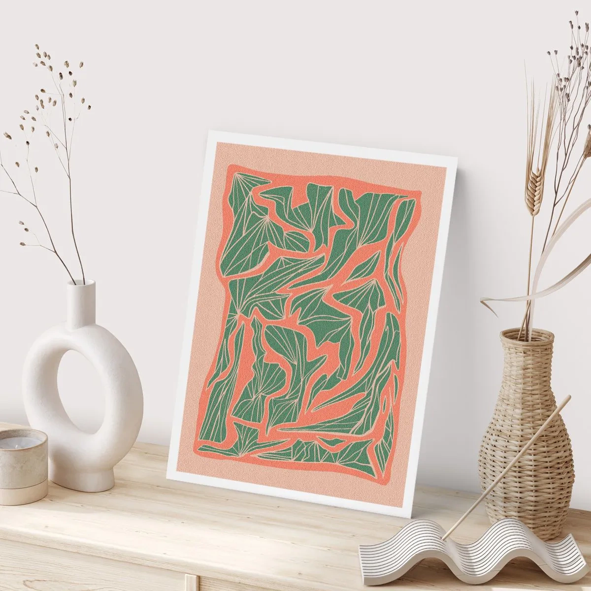 Plakat - Abstrakcyjny wzór liści w odcieniach zieleni i terakoty - 50x70cm - Zmagania koralu i zieleni - Nowoczesna dekoracja ścienna do salonu, kuchni i sypialni ARTTOR