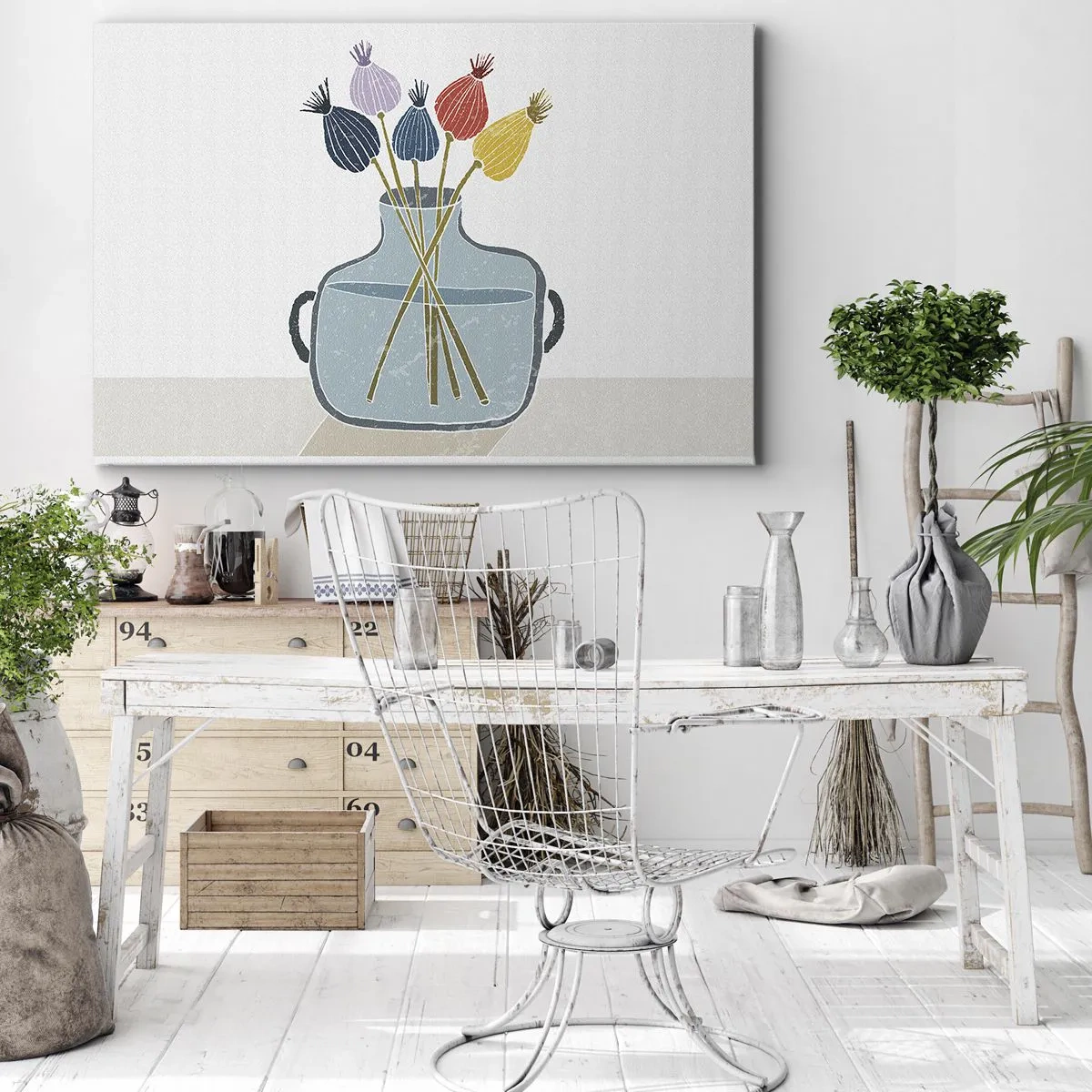 Obraz na płótnie - Kolorowe suche kwiaty w wazonie na białym tle - 70x50cm - Jak makiem zasiał - Nowoczesna dekoracja ścienna do salonu i sypialni ARTTOR