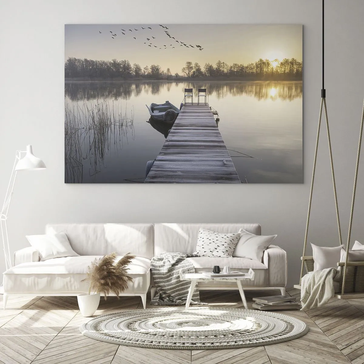 Obraz na szkle - Poranek nad jeziorem z pomostem - 70x50cm - Wrócę za jakiś czas - Nowoczesna dekoracja ścienna do salonu i sypialni ARTTOR
