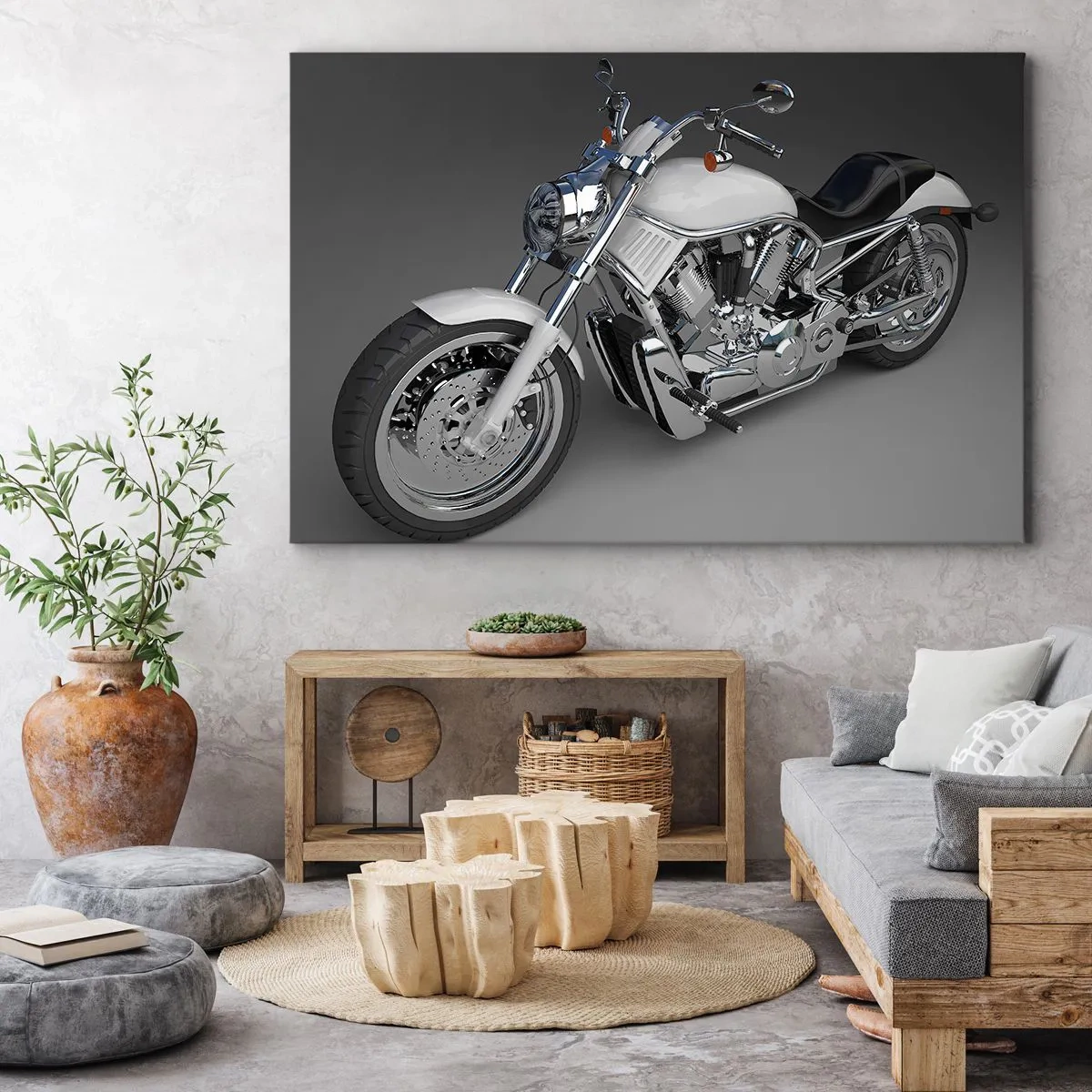 Obraz na płótnie - Biały motocykl cruiser na szarym tle - 120x80cm - Aż chce się klęknąć - Nowoczesna dekoracja ścienna do salonu, kuchni i sypialni ARTTOR
