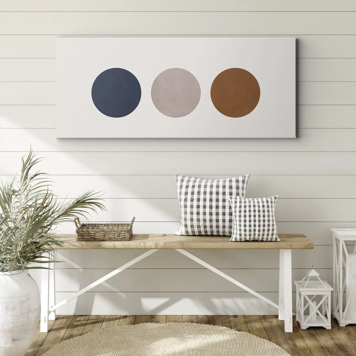 Obraz na płótnie - Minimalistyczna kompozycja z trzema kolorowymi kołami - 160x50cm - Symbol doskonałości - Nowoczesna dekoracja ścienna do salonu i sypialni ARTTOR