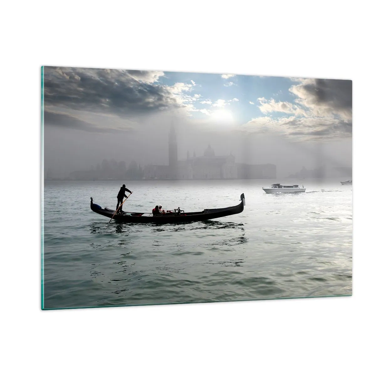 Obraz na szkle - Gondola na wodach Wenecji w mglisty poranek - 120x80cm - Bajeczne miasto z wody i mgły - Nowoczesna dekoracja ścienna do salonu, kuchni i sypialni ARTTOR