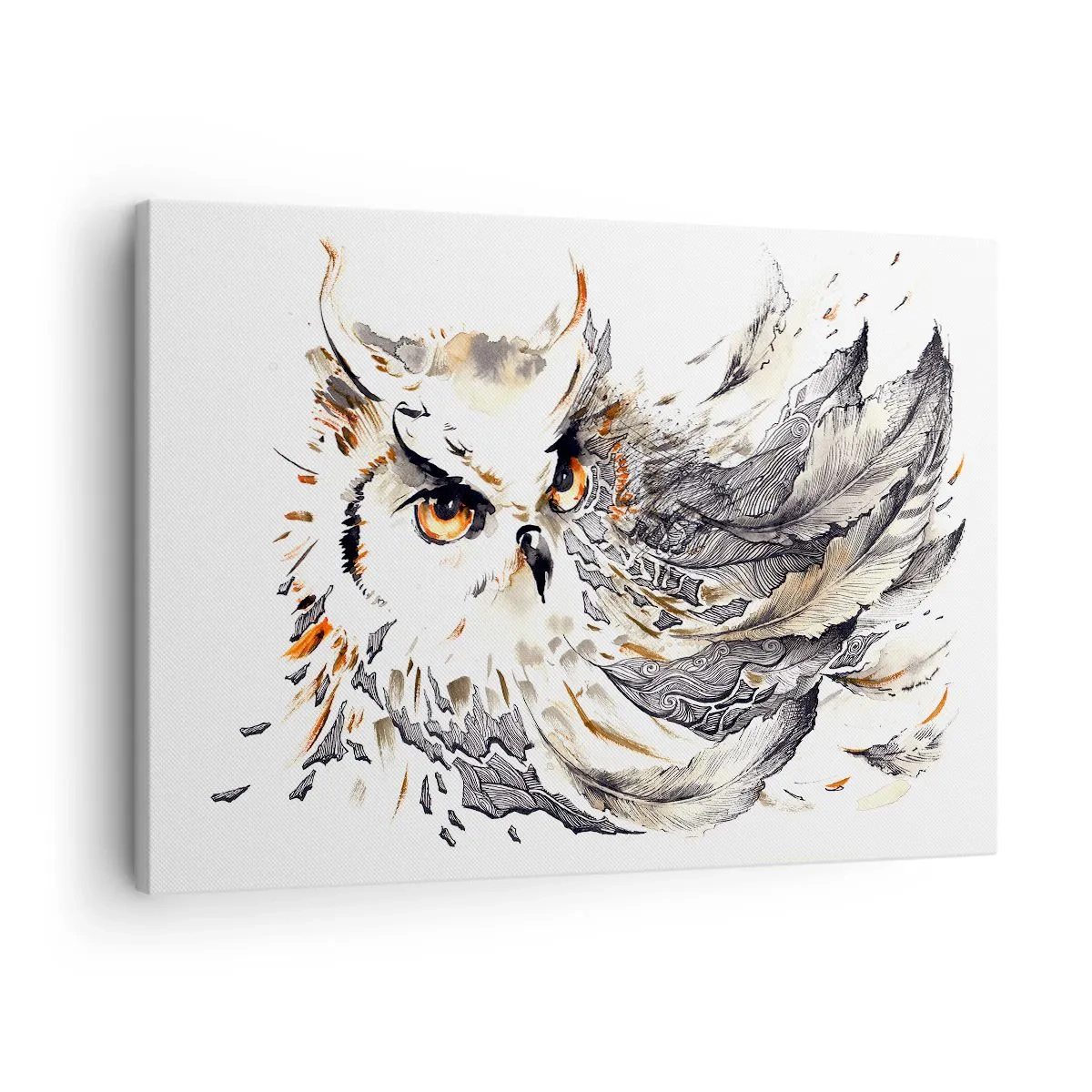 Obraz na płótnie - Sowa z mistycznymi piórami w artystycznej formie akwareli - 70x50cm - Przybyła ze świata magii - Nowoczesna dekoracja ścienna do salonu i sypialni ARTTOR
