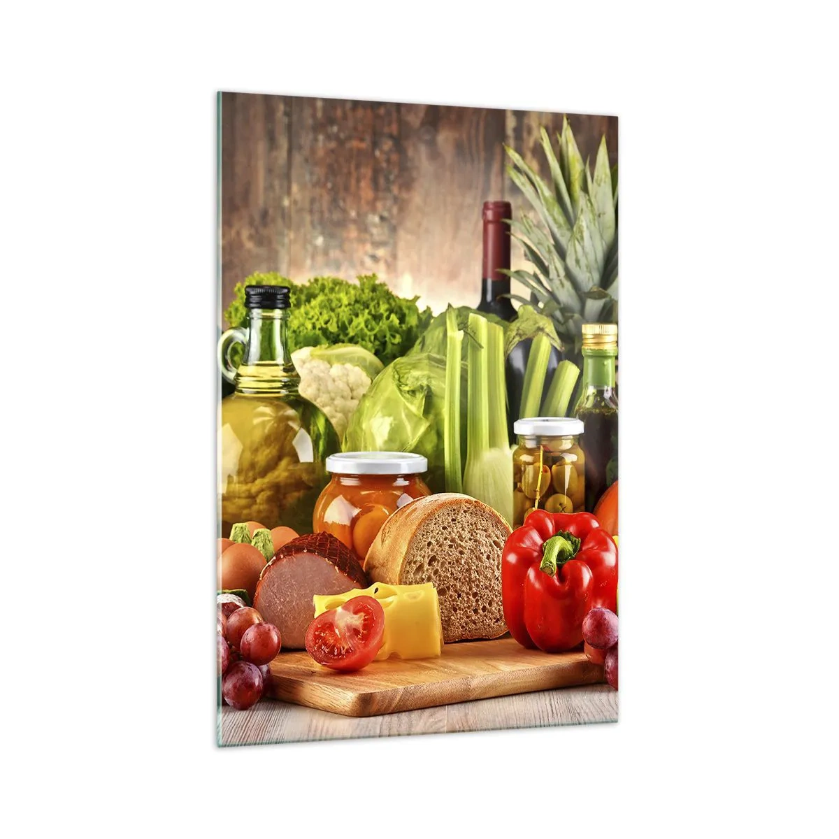 Obraz na szkle - Kolorowe owoce, warzywa i produkty spożywcze - 70x100cm - Wędzone, pieczone, marynowane - Nowoczesna dekoracja ścienna do salonu i sypialni ARTTOR