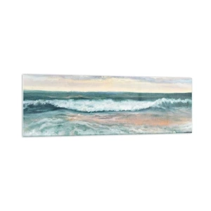 Obraz na szkle - Morskie fale na tle zachmurzonego nieba o zachodzie słońca - 160x50cm - Tutaj wygładzisz duszę - Nowoczesna dekoracja ścienna do salonu i sypialni ARTTOR