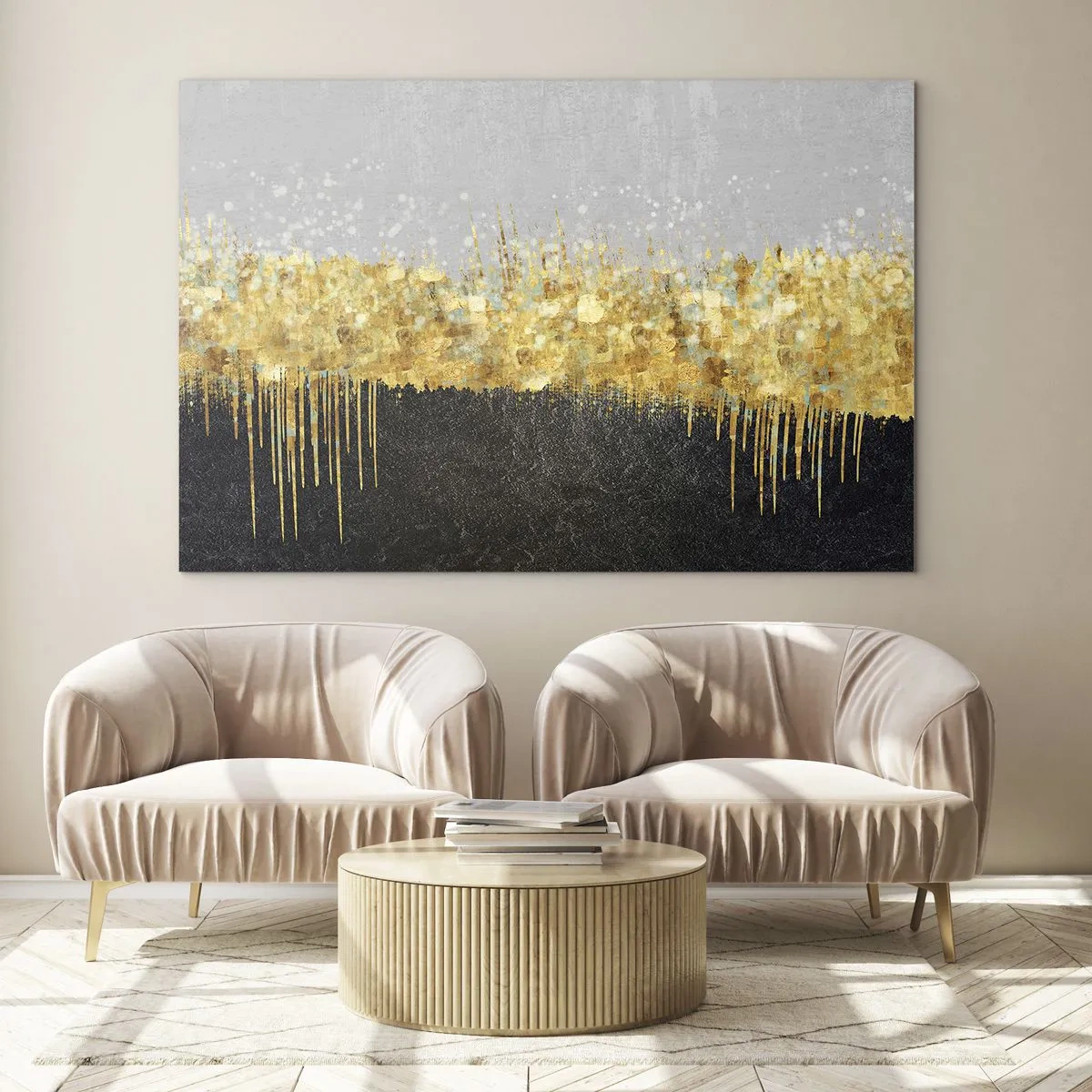 Obraz na szkle - Złota abstrakcja z kontrastem czerni i szarości - 70x50cm - W głąb i ku górze - Nowoczesna dekoracja ścienna do salonu i sypialni ARTTOR