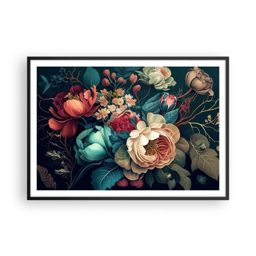 Plakat w czarnej ramie - Barwna kompozycja kwiatów na ciemnym tle - 100x70cm - XIX-wieczny czar - Nowoczesna dekoracja ścienna do salonu i sypialni ARTTOR