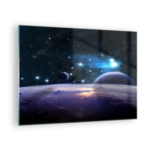 Obraz na szkle - Kosmiczny pejzaż z planetami i gwiazdami na tle galaktyki - 70x50cm - Wciąż sami? - Nowoczesna dekoracja ścienna do salonu i sypialni ARTTOR