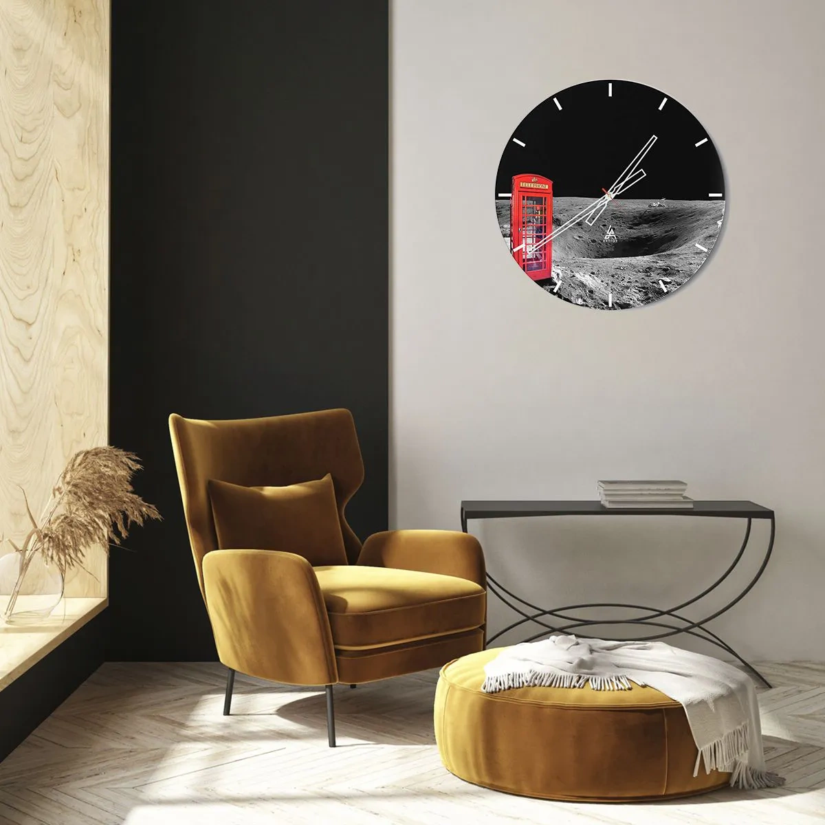 Zegar ścienny - Czerwona budka telefoniczna na powierzchni Księżyca - 30x30cm - Kosmiczny żart - Nowoczesna dekoracja ścienna do salonu, kuchni i sypialni ARTTOR
