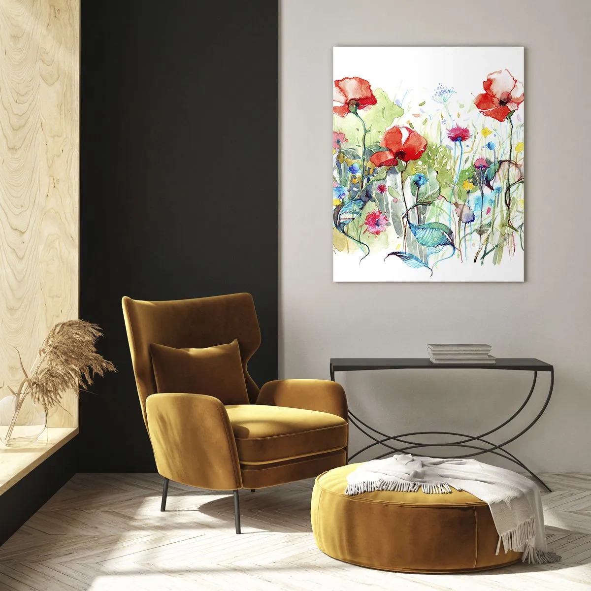 Obraz na szkle - Łąka z czerwonymi makami i kolorowymi kwiatami w akwareli - 70x100cm - Kwitnąca majem łąka - Nowoczesna dekoracja ścienna do salonu i sypialni ARTTOR