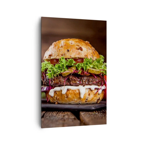 Obraz na płótnie - Apetyczne burgery z warzywami i sosem - 80x120cm - American dream - Nowoczesna dekoracja ścienna do salonu i sypialni ARTTOR
