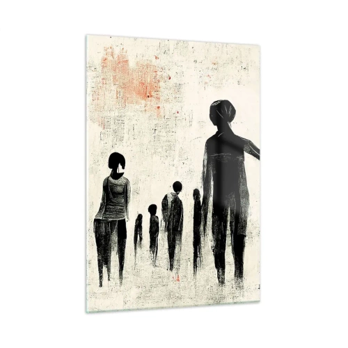 Obraz na szkle - Czarne postacie w ruchu na jasnym tle z czerwoną fakturą - 50x70cm - Przeciw samotności - Nowoczesna dekoracja ścienna do salonu, kuchni i sypialni ARTTOR