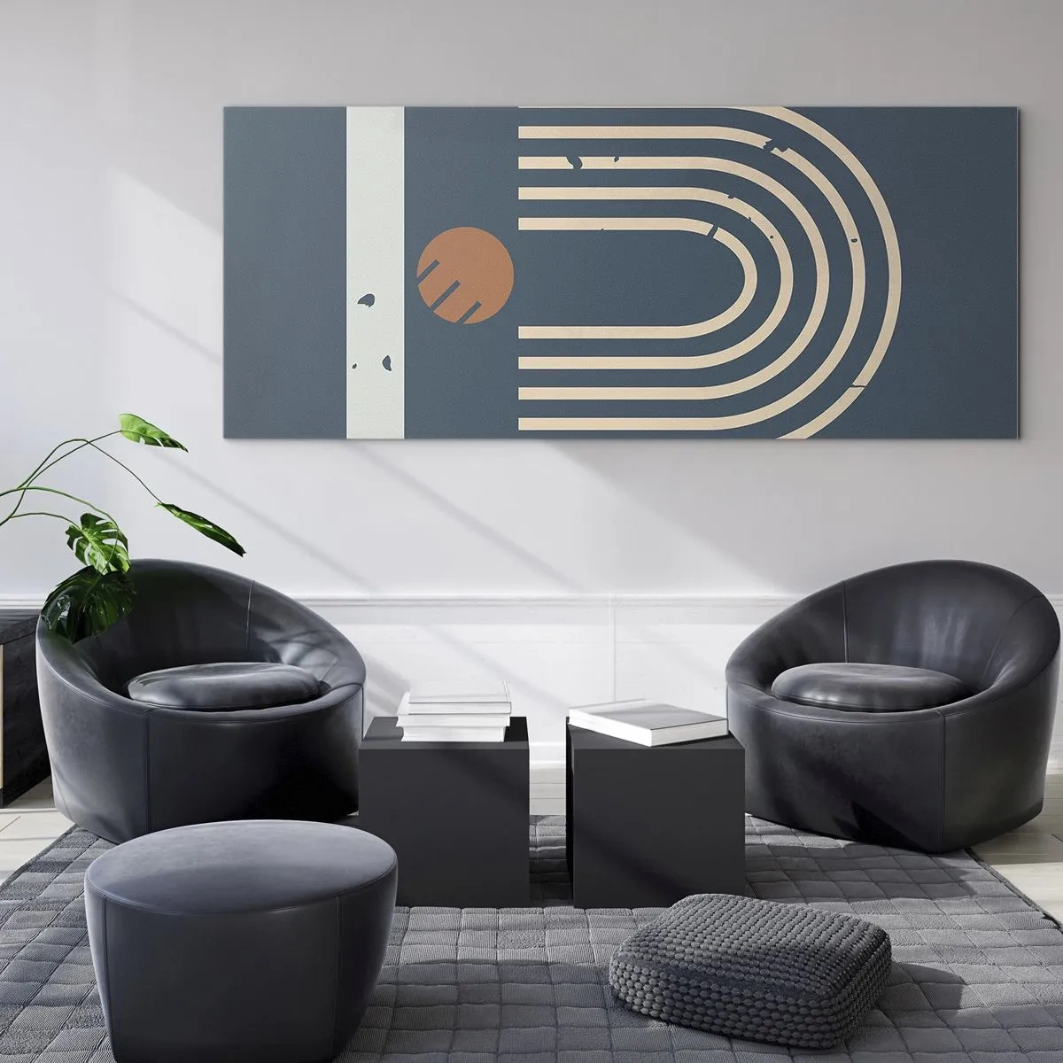 Obraz na szkle - Geometryczny wzór w odcieniach granatu, beżu i pomarańczu na ciemnym tle - 120x50cm - Geometria na granacie - Nowoczesna dekoracja ścienna do salonu i sypialni ARTTOR