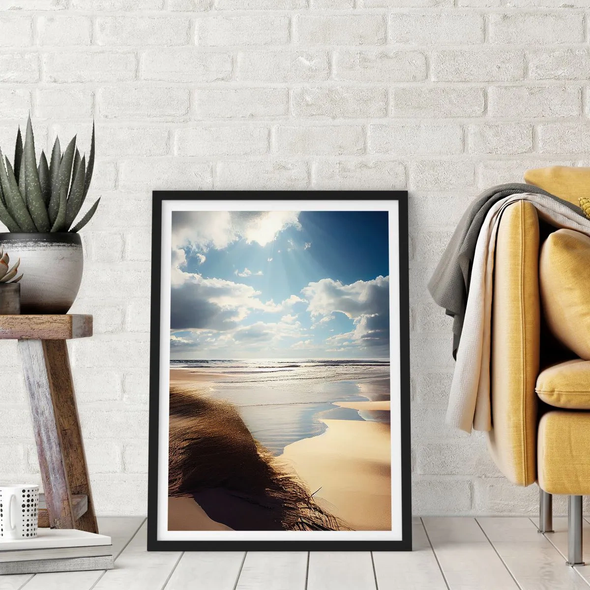 Plakat w czarnej ramie - Plaża o zachodzie słońca z falami i chmurami - 50x70cm - Plaża, dzika plaża - Nowoczesna dekoracja ścienna do salonu i sypialni ARTTOR
