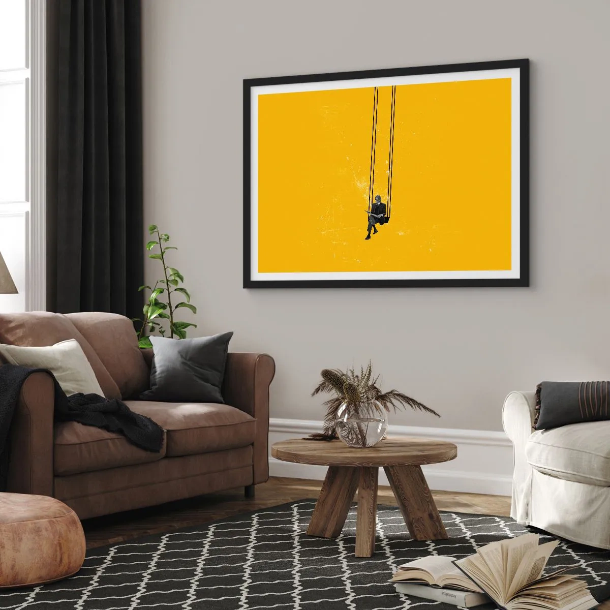 Plakat w czarnej ramie - Osoba na huśtawce na tle intensywnej żółci - 70x50cm - Dzień jak co dzień - Nowoczesna dekoracja ścienna do salonu i sypialni ARTTOR