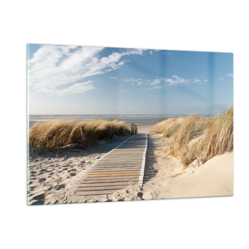 Obraz na szkle - Drewniana ścieżka przez wydmy prowadząca na plażę - 120x80cm - Za wydmą, w szumie traw - Nowoczesna dekoracja ścienna do salonu, kuchni i sypialni ARTTOR