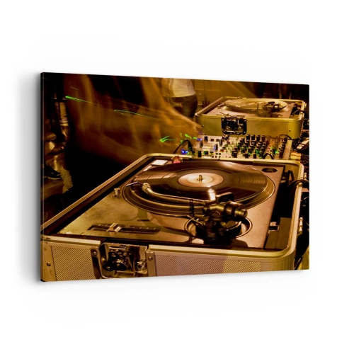 Obraz na płótnie - Sprzęt DJ z gramofonem i mikserem podczas imprezy - 100x70cm - Czujesz tę moc? - Nowoczesna dekoracja ścienna do salonu, kuchni i sypialni ARTTOR