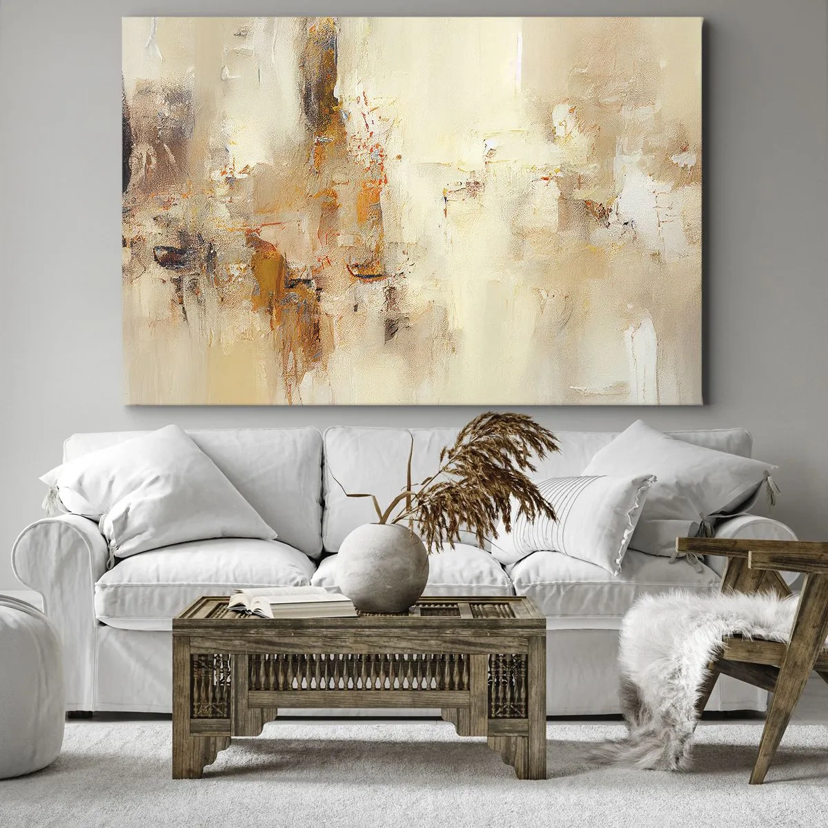 Obraz na płótnie - Abstrakcyjna kompozycja w ciepłych odcieniach żółci i brązu - 70x50cm - Dusza bursztynu - Nowoczesna dekoracja ścienna do salonu i sypialni ARTTOR