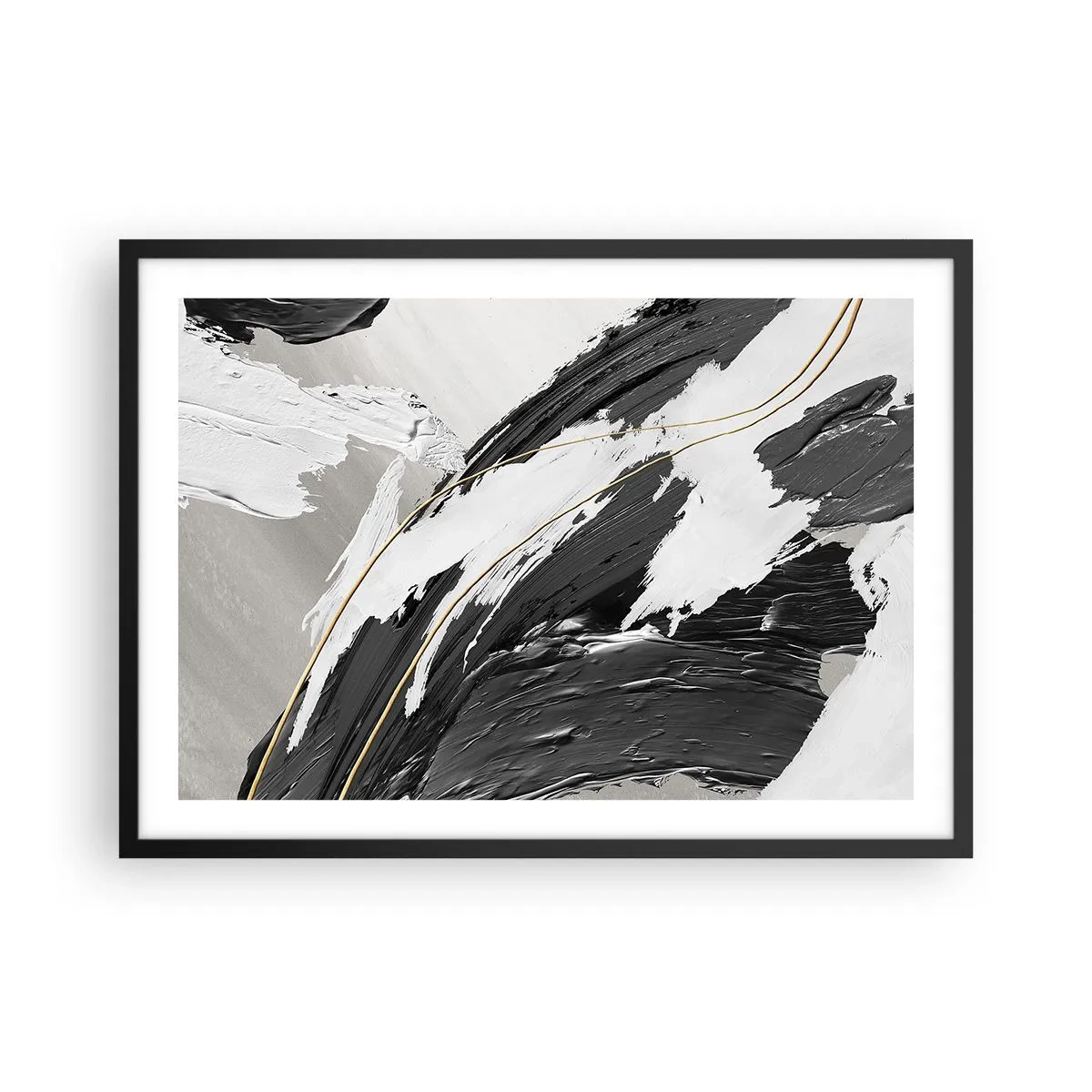Plakat w czarnej ramie - Czarno-białe pociągnięcia farby z delikatnym złotym akcentem - 70x50cm - Abstrakcja z rozmachem - Nowoczesna dekoracja ścienna do salonu i sypialni ARTTOR