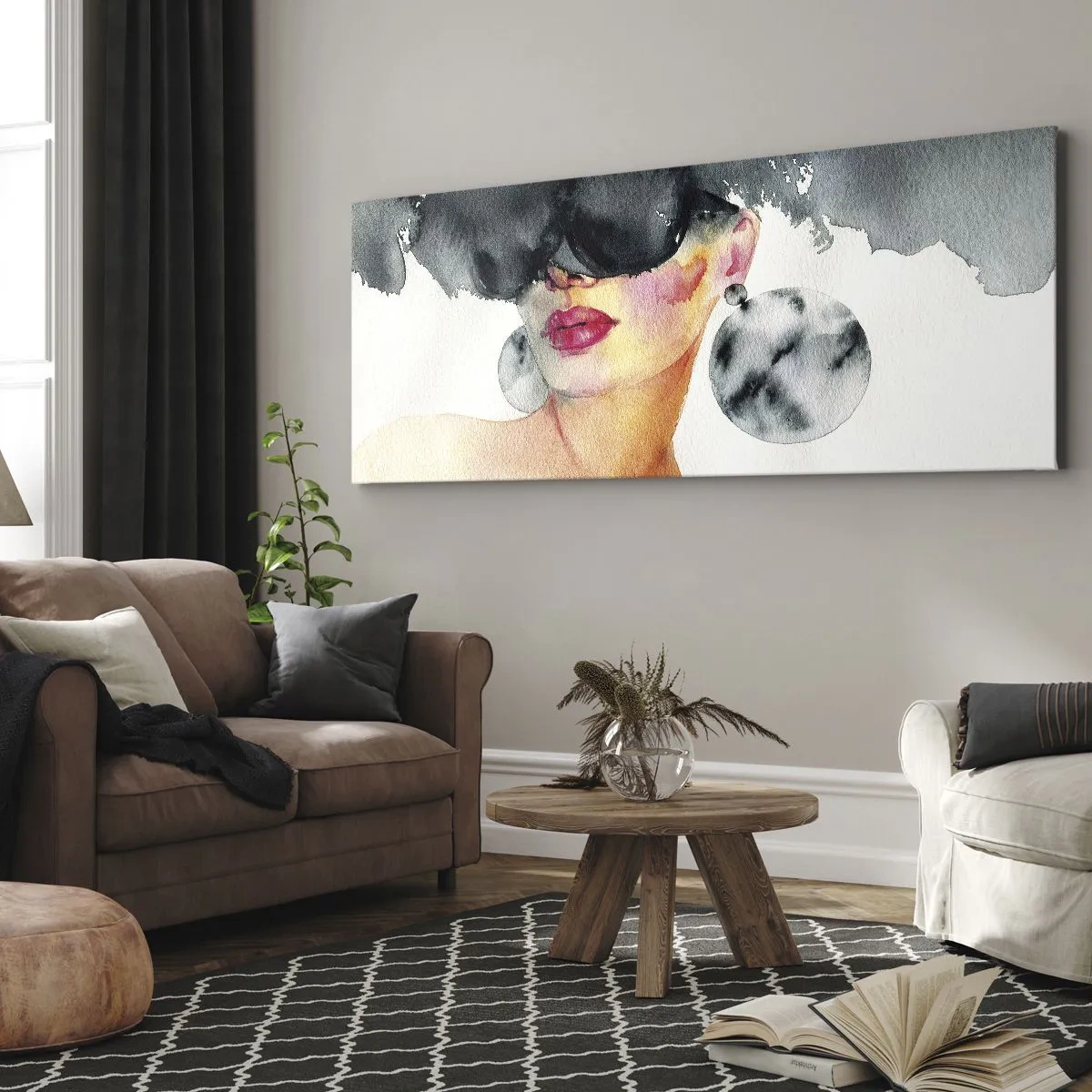 Obraz na płótnie - Kobieta w stylowych okularach i dużych kolczykach - 160x50cm - Tajemnica elegancji - Nowoczesna dekoracja ścienna do salonu i sypialni ARTTOR