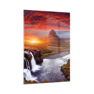 Obraz na szkle - Górski krajobraz z wodospadem i zachodem słońca - 50x70cm - Widok Śródziemia - Nowoczesna dekoracja ścienna do salonu, kuchni i sypialni ARTTOR