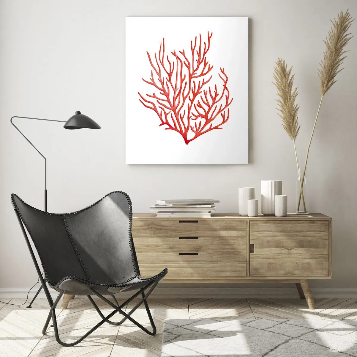 Obraz na szkle - Czerwony koral o filigranowej strukturze na białym tle - 50x70cm - Koralowy filigran - Nowoczesna dekoracja ścienna do salonu, kuchni i sypialni ARTTOR