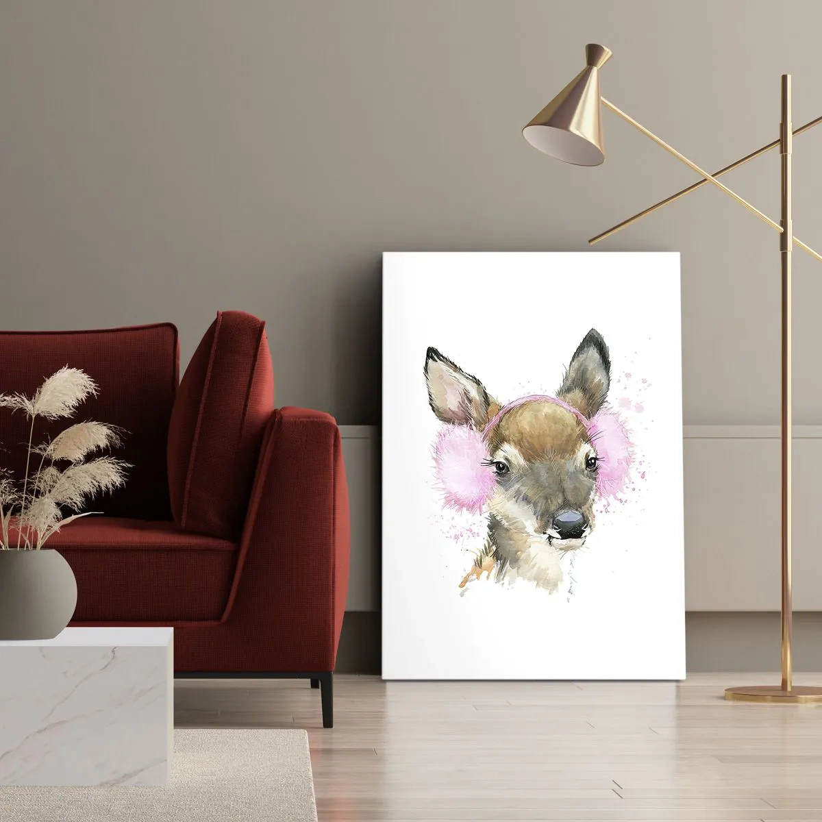 Obraz na płótnie - Akwarelowy jeleń w różowych nausznikach - 80x120cm - I mróz już niestraszny - Nowoczesna dekoracja ścienna do salonu i sypialni ARTTOR