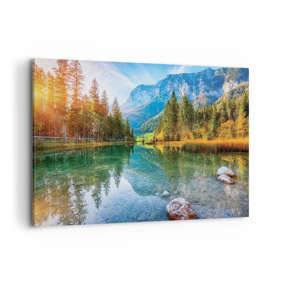 Obraz na płótnie - Malownicze jezioro w otoczeniu gór i lasów - 120x80cm - Łagodność jesieni - Nowoczesna dekoracja ścienna do salonu, kuchni i sypialni ARTTOR