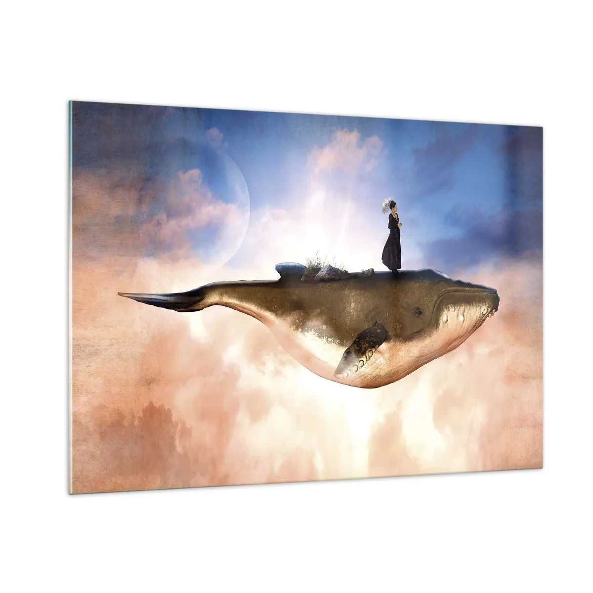 Obraz na szkle - Fantazyjny wieloryb unoszący się w chmurach z kobietą na grzbiecie - 100x70cm - Nadrealna podróż - Nowoczesna dekoracja ścienna do salonu, kuchni i sypialni ARTTOR
