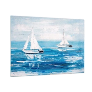 Obraz na szkle - Dwie białe żaglówki na spokojnym, błękitnym morzu - 100x70cm - Z przyjacielem u boku - Nowoczesna dekoracja ścienna do salonu, kuchni i sypialni ARTTOR