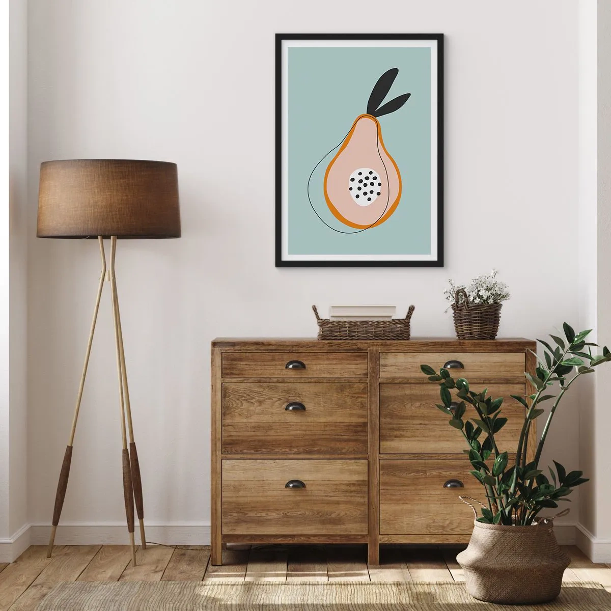 Plakat w czarnej ramie - Abstrakcyjna ilustracja gruszki na miętowym tle - 50x70cm - Przeniknąć w naturę rzeczy - Nowoczesna dekoracja ścienna do salonu i sypialni ARTTOR