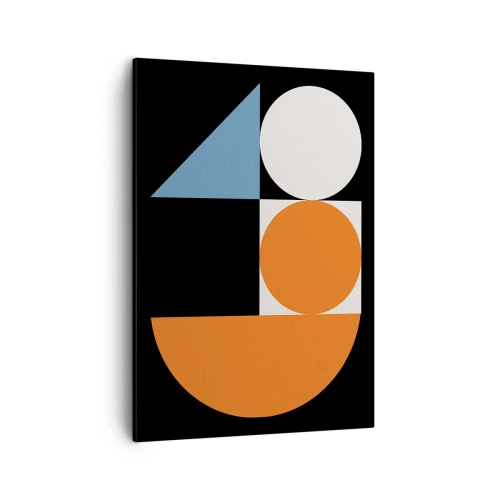 Obraz na płótnie - Kompozycja geometryczna z figurami w kolorach niebieskim, pomarańczowym i białym na czarnym tle - 50x70cm - Układ figurowy - Nowoczesna dekoracja ścienna do salonu, kuchni i sypialni ARTTOR