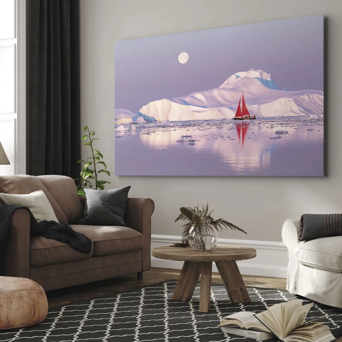 Obraz na płótnie - Czerwony żagiel na tle lodowych gór i pełni księżyca - 70x50cm - Żar żagla, chłód lodu - Nowoczesna dekoracja ścienna do salonu i sypialni ARTTOR