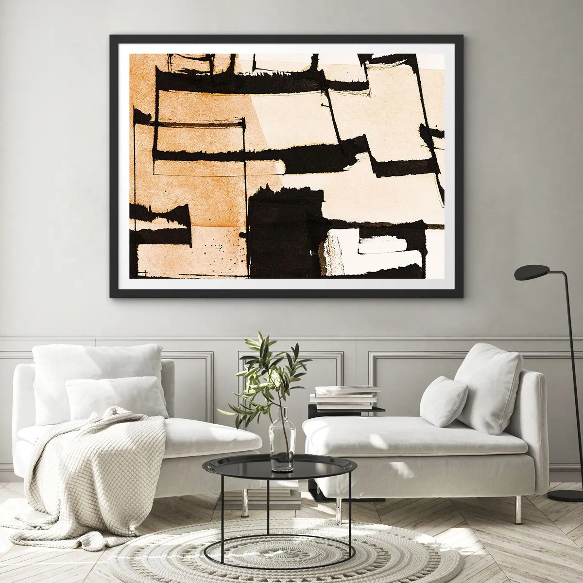 Plakat w czarnej ramie - Geometryczne wzory w odcieniach brązu i beżu - 70x50cm - Jednak porządek - Nowoczesna dekoracja ścienna do salonu i sypialni ARTTOR