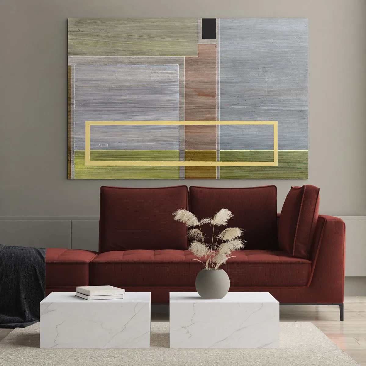 Obraz na szkle - Nowoczesna abstrakcja z prostokątnymi formami i kolorami ziemi - 70x50cm - Prosto i spokojnie - Nowoczesna dekoracja ścienna do salonu i sypialni ARTTOR