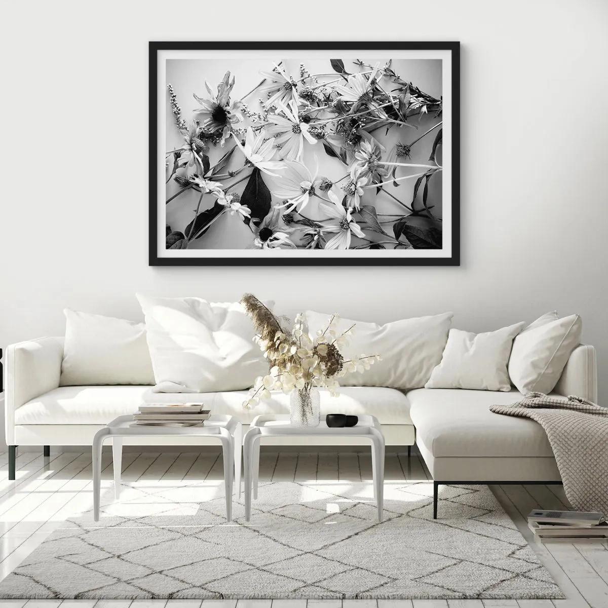 Plakat w czarnej ramie - Czarno-białe kompozycje kwiatów w subtelnym artystycznym stylu - 70x50cm - Nie-bukiet kwiatów - Nowoczesna dekoracja ścienna do salonu i sypialni ARTTOR
